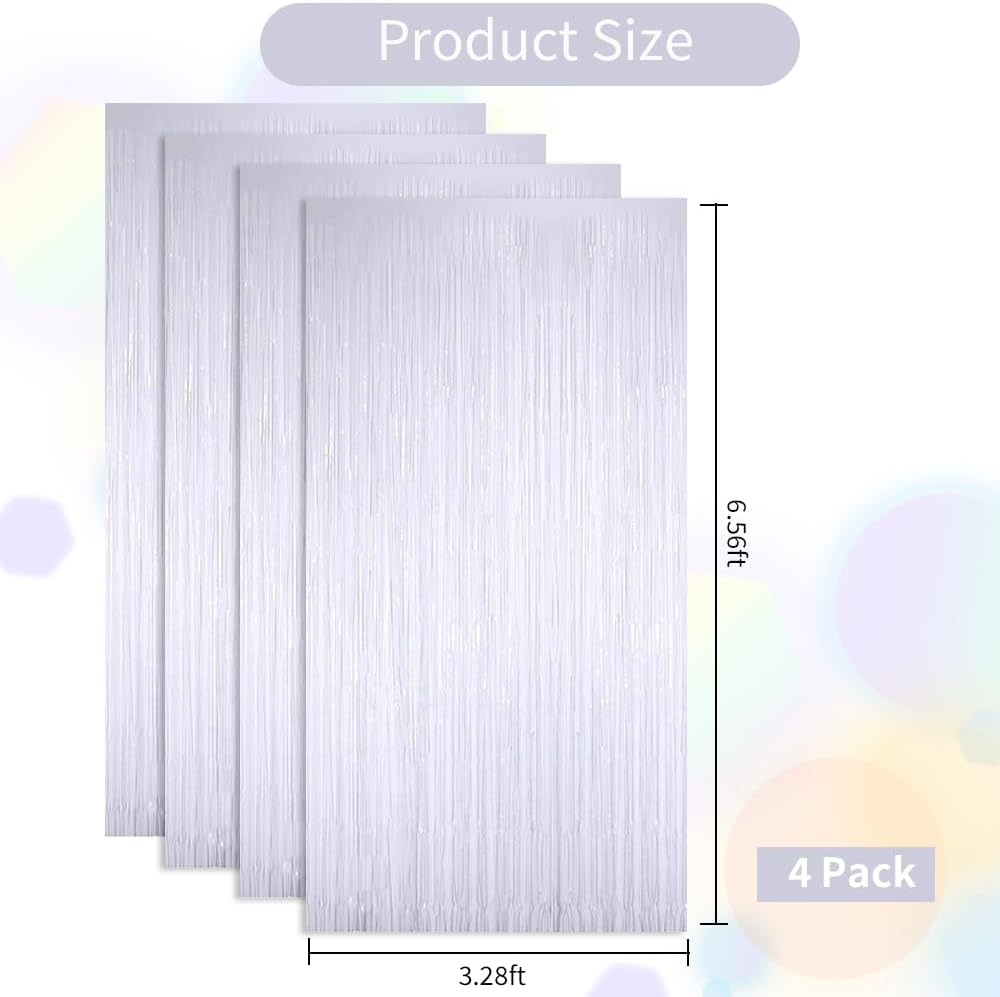 BEISHIDA 4 Pcs White Door Streamers Tinsel Curtain Party Streamers Backdrop Fringe Foil Wall Background for Birthday Halloween Christmas Wedding Party Decoration(3.28 ft x 6.56 ft)
