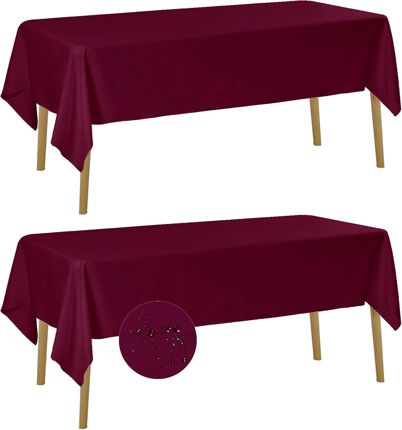 Fokitut 2 Pack Waterproof Rectangle Tablecloth, 60x102 Inch, Stain Resistant and Wrinkle Polyester Table Cloth, Fabric Table Cover for Kitchen Dining, Wedding, Party, Holiday Dinner-Burgundy