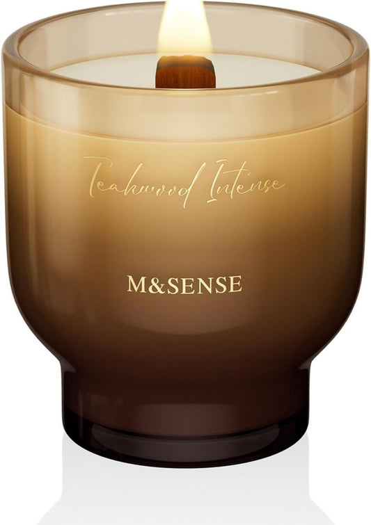 M&SENSE 9.88oz Natural Soy Wax Jar Candle with Wooden Wick | Teakwood Intense Scent | 55-Hour Burn & Long-Lasting Burn | Housewarming Gift for Men and Women