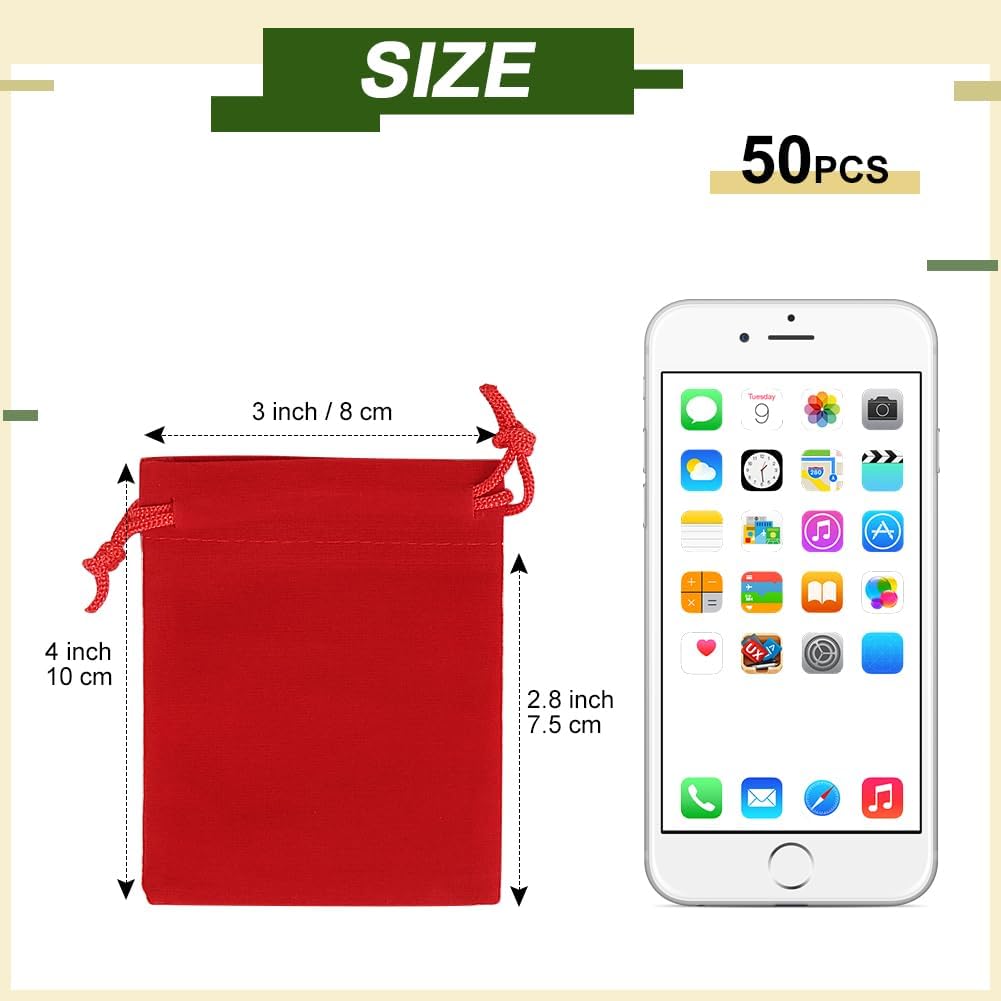 Shintop 50pcs Little velvet bags, 3x4inch Red Drawstring Gift Bags Small Jewelry pouches Coin Purse for Christmas Small Business Party Favor