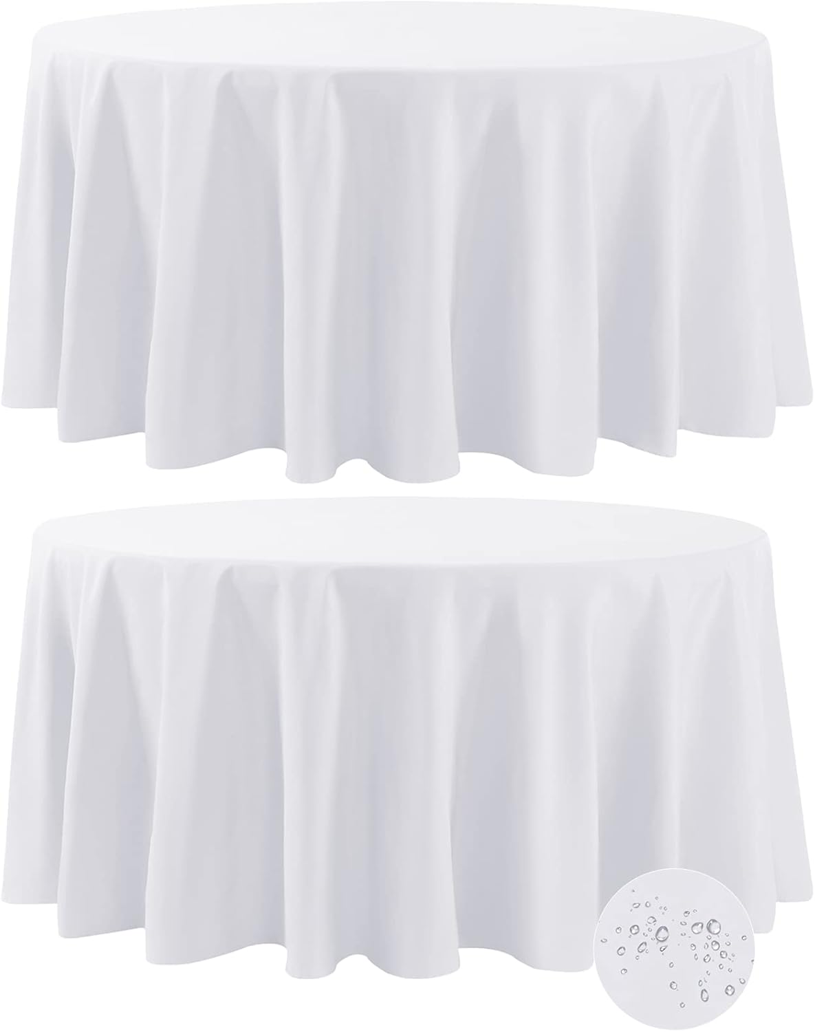 Fokitut 2 Pack Waterproof Round Tablecloth, 108 Inch, Stain Resistant and Wrinkle Polyester Table Cloth, Fabric Table Cover for Kitchen Dining, Wedding, Party, Holiday Dinner-White