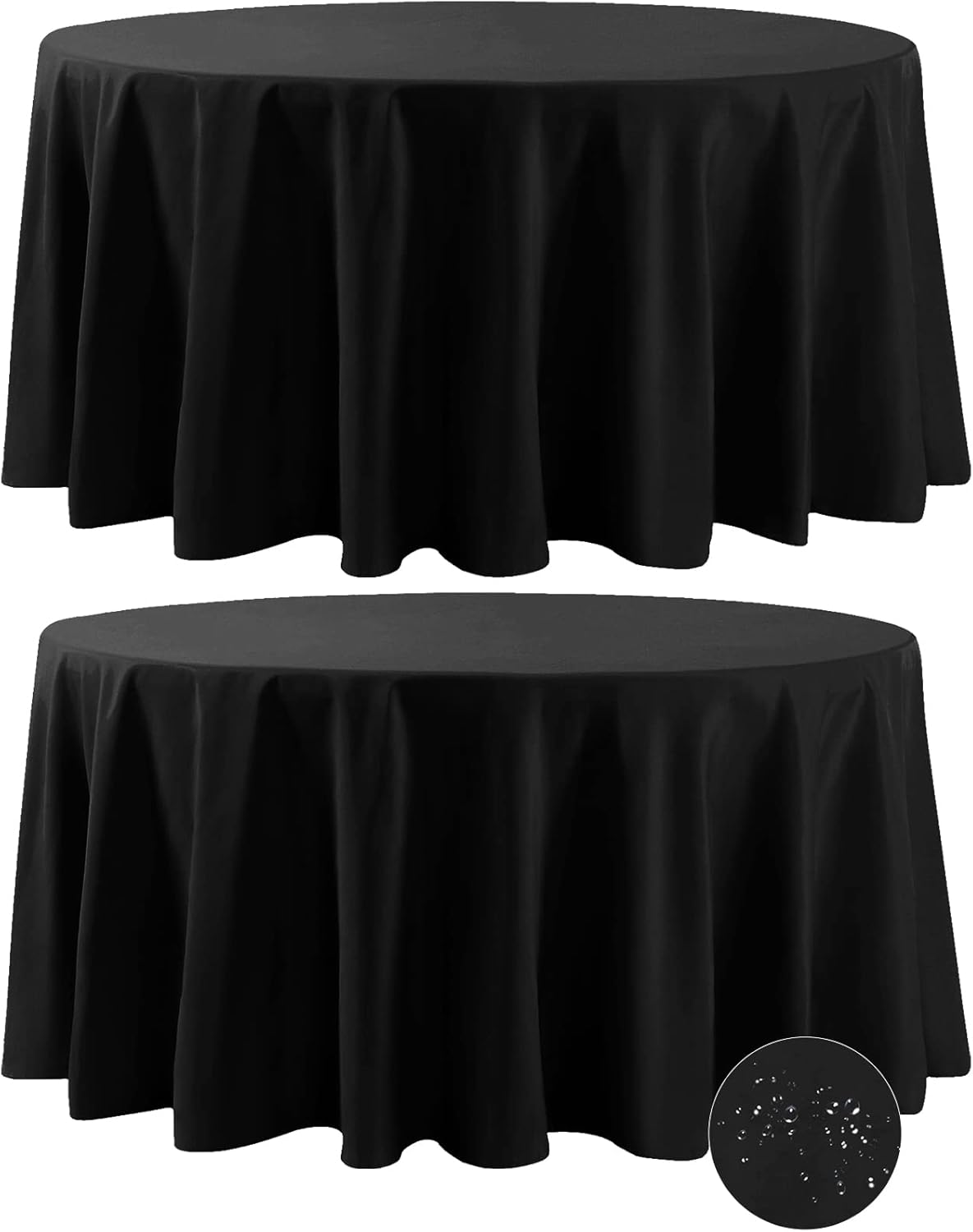 Fokitut 2 Pack Waterproof Round Tablecloth, 132 Inch, Stain Resistant and Wrinkle Polyester Table Cloth, Fabric Table Cover for Kitchen Dining, Wedding, Party, Holiday Dinner-Black