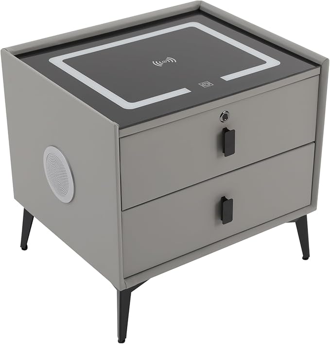 Smart Nightstand w/Fingerprint Lock Drawers, Smart Bedside Table w/USB Charging by Headery