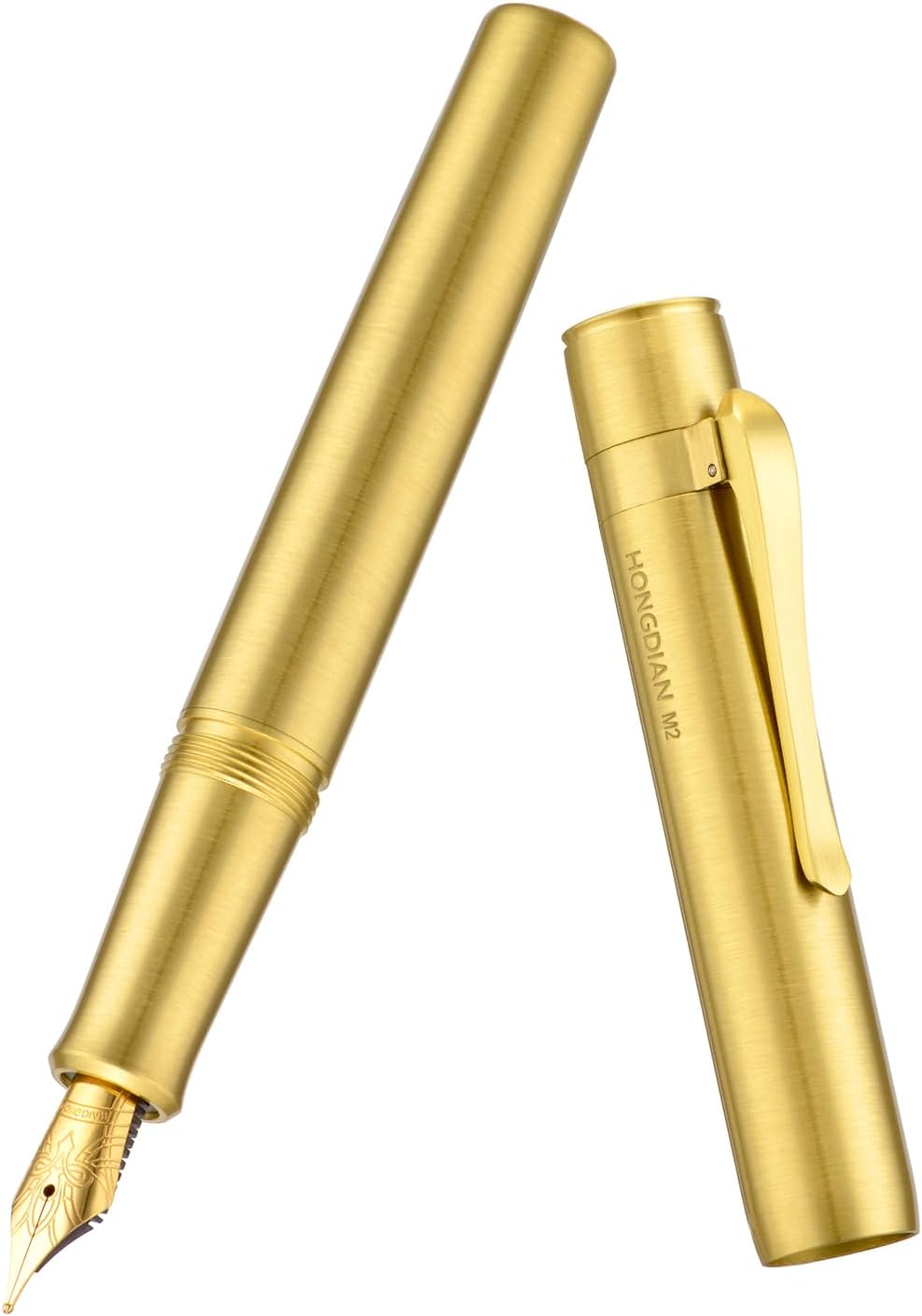 Hongdian M2 Mini Brass Fountain Pen with Extra Fine Soft Golden Nib, Sleek Shape Short Pocket Travel Pen (Glossy Brass)
