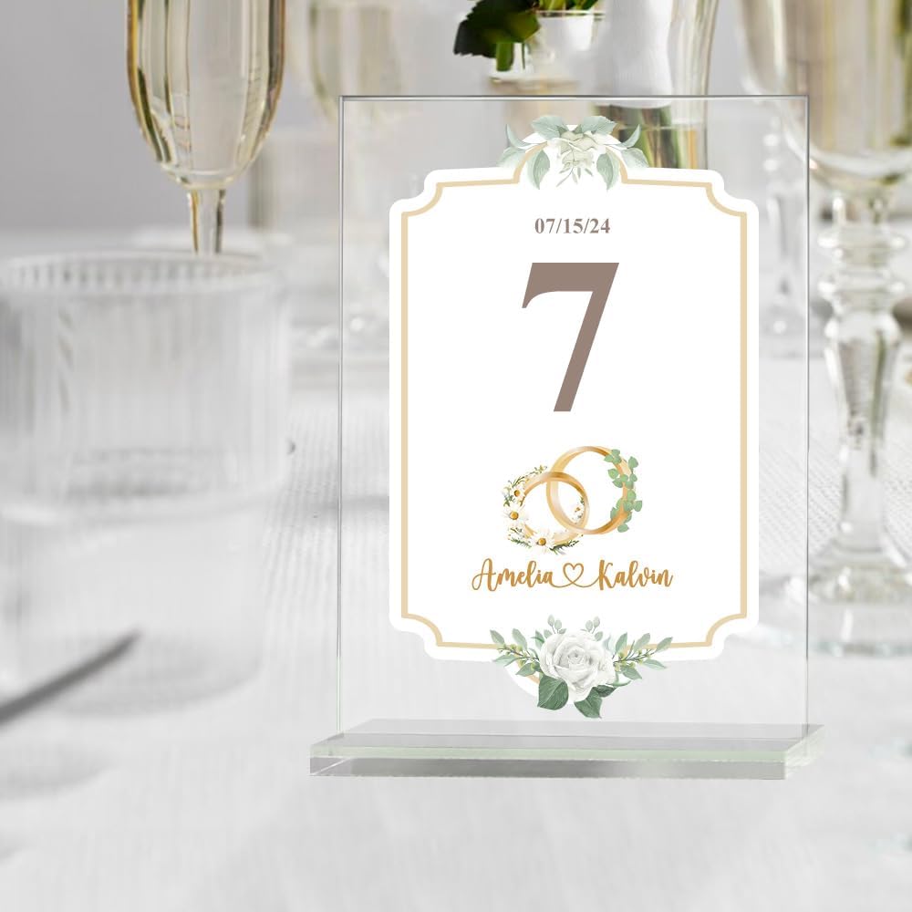 callie Personalized Wedding Table Numbers with Couple’s Name & Date, Custom Acrylic Birth Flower Tree Table Signs Holders, Wedding Reception Party Gifts for Bride & Groom