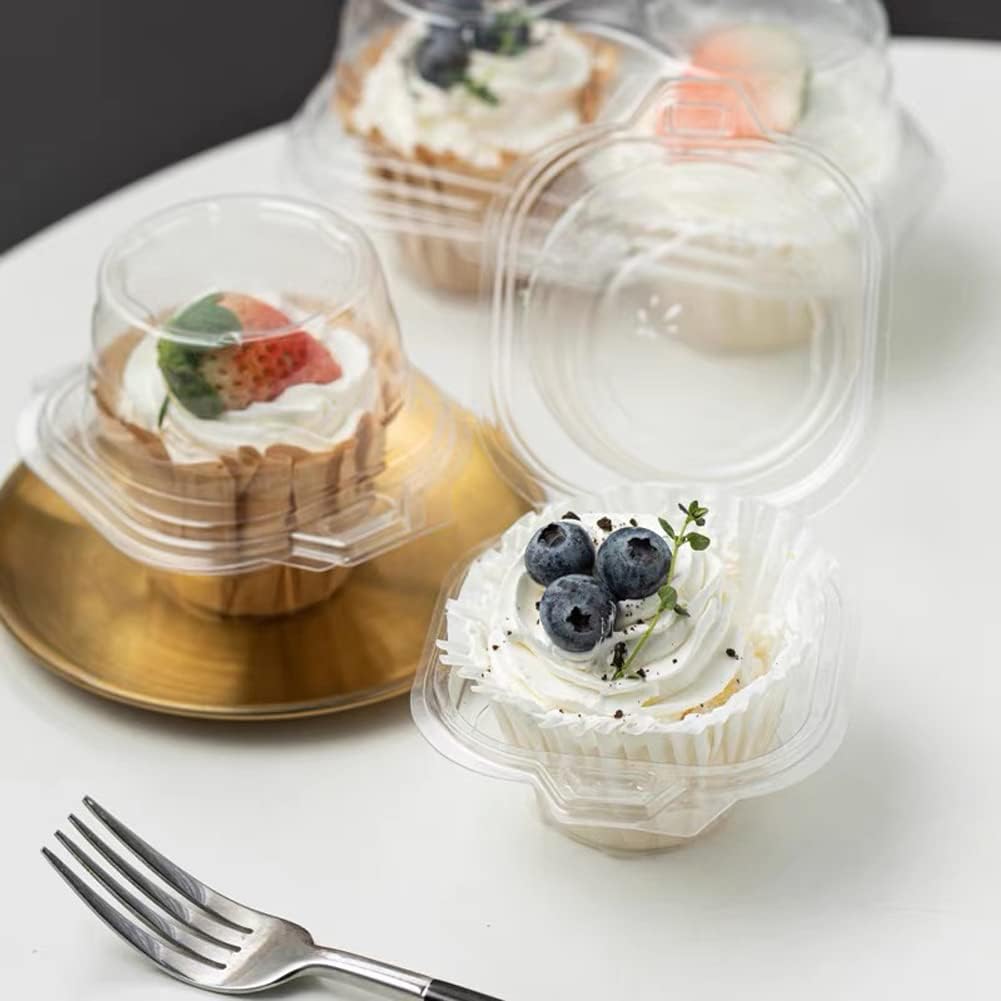 100 Pcs Cupcake Boxes Plastic Individual Cupcake Containers Single Cupcake Carrier with Connected Airtight Dome Lid for Party