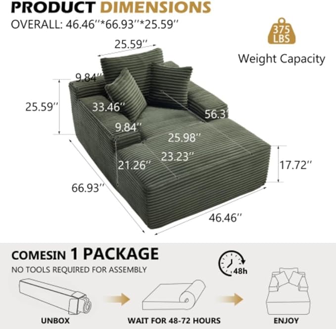 Oversized Boneless Chaise Sofa Bed, Corduroy Chaise Lounge Chair Indoor - Image 2