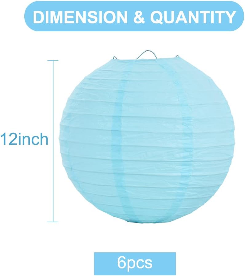 BEISHIDA 12-Inch Light Blue Round Paper Lanterns Decorative Hanging Asia Chinese Japanese Paper Lanterns Lamp for Birthday Wedding Baby Shower Home Decor Party Decoration（6 Packs）