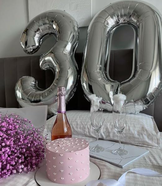 40 Inch Silver 3 Large Number Balloon, 3 13 23 30 33 36 Silver Birthday Party Decorations, Number Three Foil Balloons for Anniversary Party Graduations Celebration Supplies