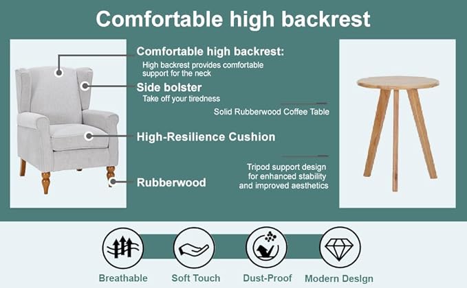 Vintage Style Wingback Chair and Coffee Table Set Solid Wood Frame Beige Fabric - Image 9