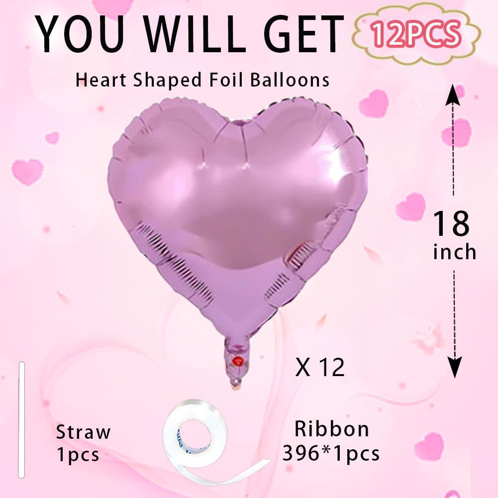 Light Purple Heart Balloons，18 Inch Light Purple Foil Mylar Love Heart Shaped Balloons for Anniversary Wedding Engagement Celebration Birthday Party Baby Shower Valentines Decorations(12Pcs)