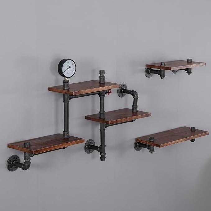 Industrial Floating Pipe Wall Shelves Rustic Wood Shelving, 5 Layer Pipe Design - Image 9