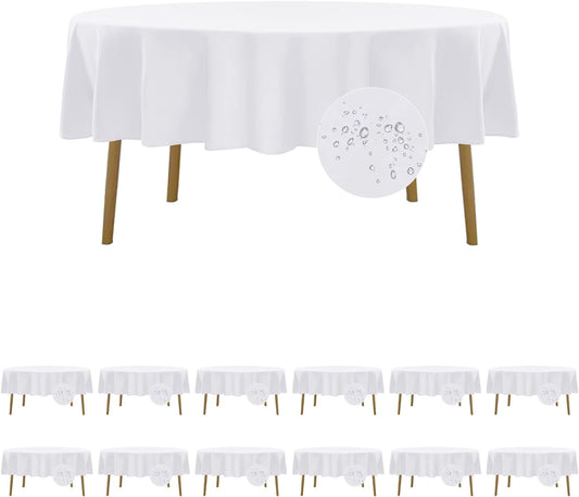 Fokitut 12 Pack Waterproof Round Tablecloth, 70 Inch, Stain Resistant and Wrinkle Polyester Table Cloth, Fabric Table Cover for Kitchen Dining, Wedding, Party, Holiday Dinner-White