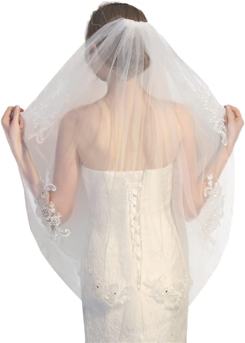 Elegent Lace Appliques Wedding Veil Crystal Beaded, Wedding Bridal Veil with Comb