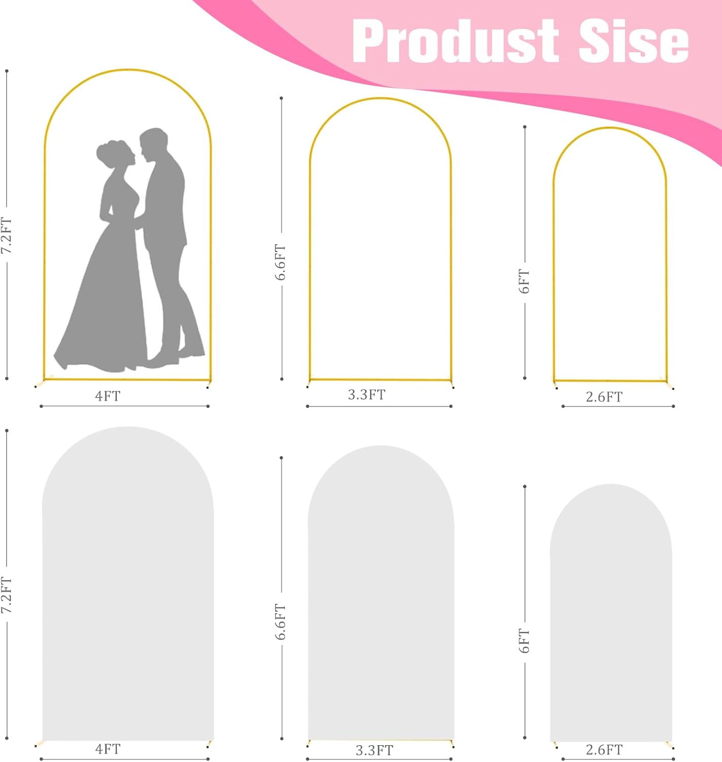 Bazen Wedding Arch Backdrop Stand 7.2FT, 6.6FT, 6FT Set of 3 Metal Arch Backdrop Stand with White Arch Cover for Birthday Party Wedding Ceremony Bridal Baby Shower Banquet Party Event Decor
