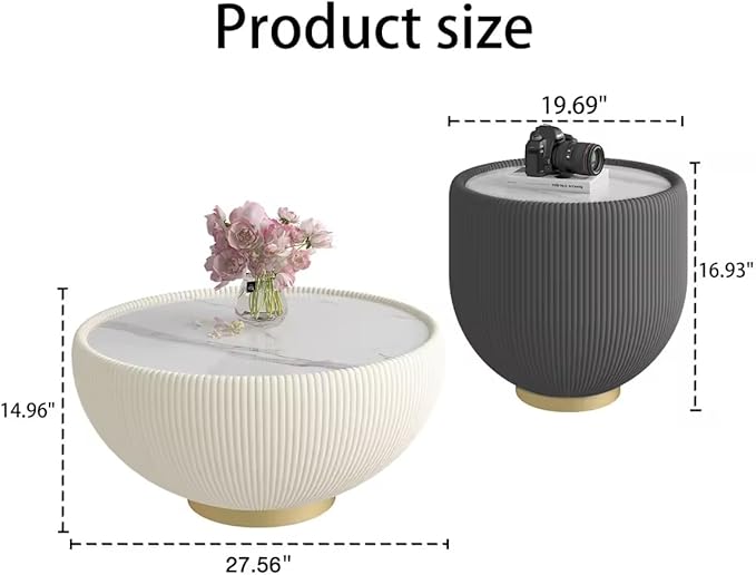 Round Marble Coffee Table Set of 2, 2 Piece White Coffee Table and End Table - Image 2