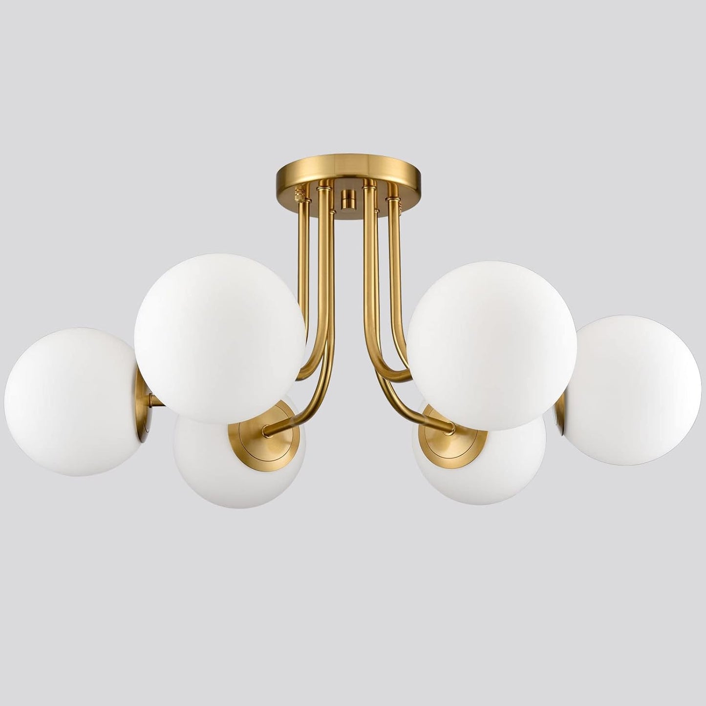 Modern Brushed Brass Gold 6-Light Ceiling Light with Globe White Glass Shade Semi Flush Mount Light Fixture for Dinning Room Foyer Hallway Sputnik Chandeliers