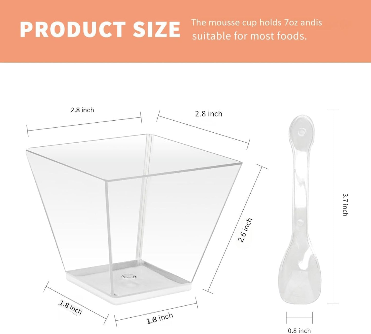 50 Pack 7 oz Clear Plastic Square Dessert Bowls with Spoons，Mini Disposable Parfait Cups for Yogurt, Ice Cream and Tasting，Serving Cups for Appetizer，Pudding，Party (7 oz)