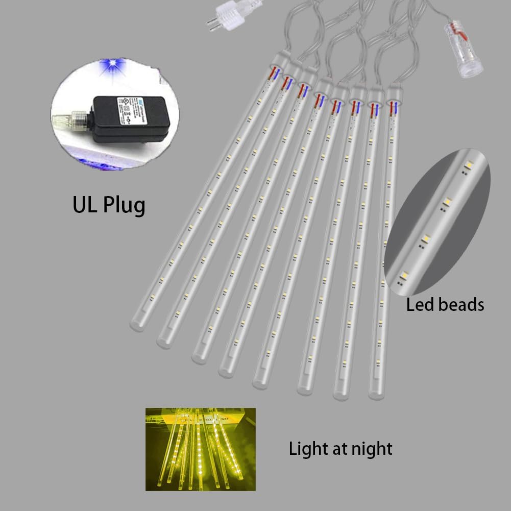 Christmas Lights Outdoor Falling Rain Meteor Shower Lights 12 inch 8 Tube 192 LED Snowfall Icicle Cascading String Light for Xmas Tree Christmas Decorations Holiday Garden, UL Plug,Warm White