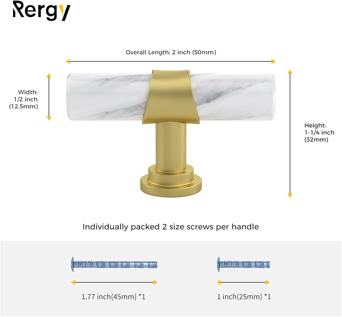 Rergy Cabinet Handles Marble Drawer Pulls and Knobs, T-Bar Hardware - Image 2