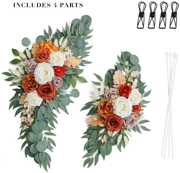 Burnt Orange Wedding Arch Flowers, Artificial Flowers for Wedding Welcome Signs and Autumn Weddings Reception Ceremony Decoration, Fall Flowers Decor (Set of 2)