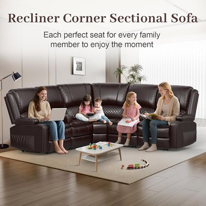 Yolsali Home Theater Seating Reclining Sectional Sofa, 5 Seats Soft Leather - Image 3