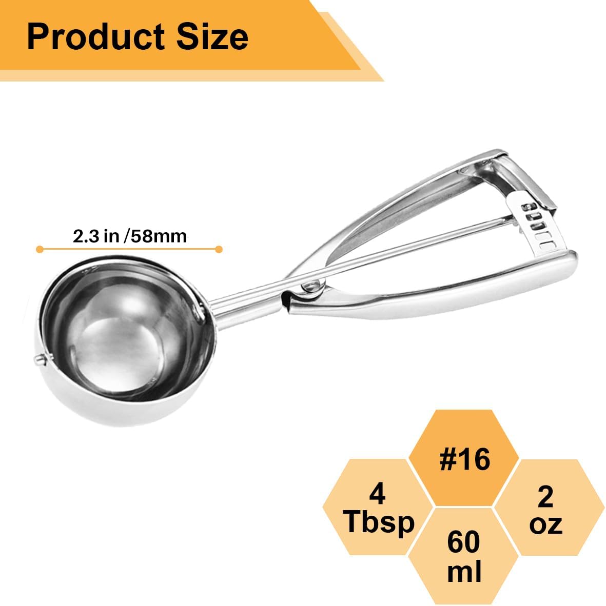 4 Tbsp Cookie Scoop, Size #16, 2 OZ Cookie Scoop for Baking, Muffin Scoops for Baking, Selected 18/8 Stainless Steel, For Cookie, Cupcake, Muffin, Melon Ball, Ice Cream
