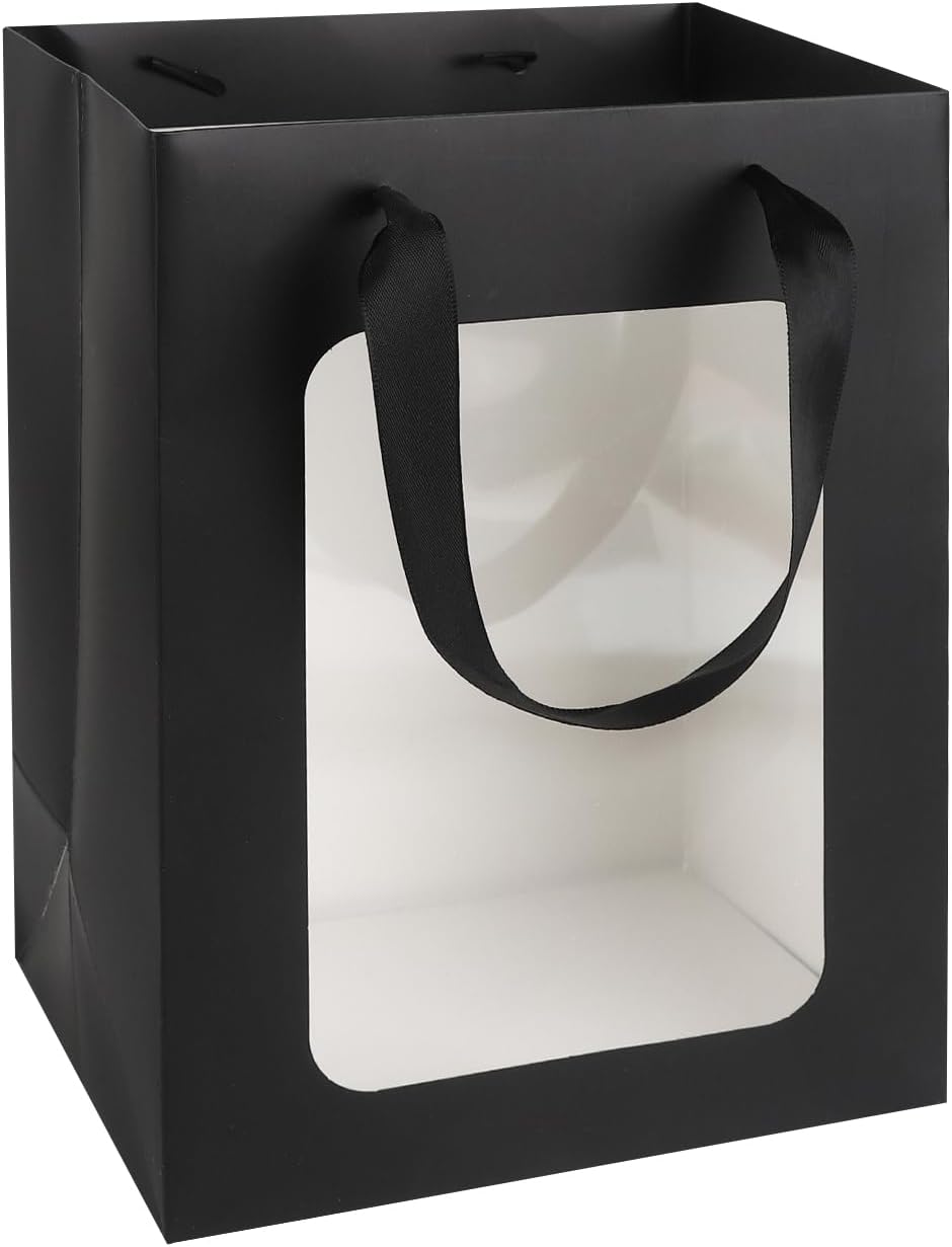 MOXARYSU 3 Pcs Black Gift Bags with Clear Window: 9.8x5.1x7.1 Inch Medium Kraft Paper Bags with Handle For Party Business Birthday Wedding (Black,3p)