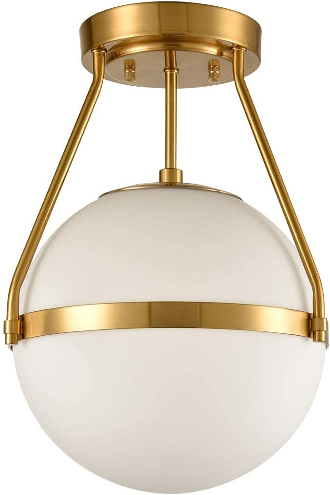 HOLKIRT Mid Century Modern Globe Semi Flush Mount Ceiling Light Fixture,White Opal with Brass Finish,Living/Dinning Room