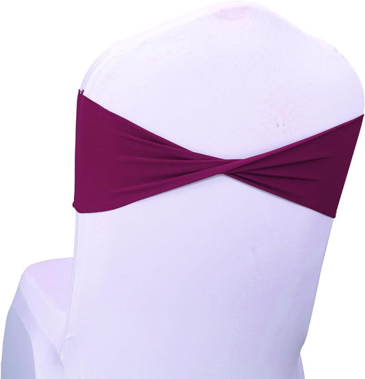 MDS Pack of 25 Spandex Chair Sashes Bows Elastic Stretch Dining Chair Bands Ties Without Slider Buckle Universal fits for Wedding Baby Shower Birthday Party Banquet Event Decoration - Eggplant