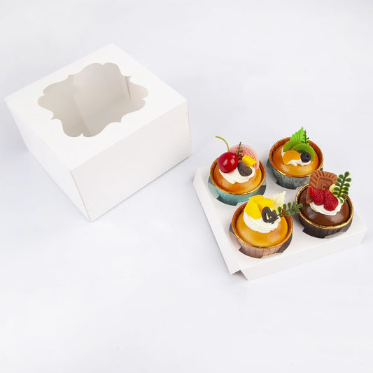 20 PCS 6.5 x 6.5 x 4 inch Paper, Cupcake Boxes with Inserts and Window Hold 4 Cupcakes, Bakery Boxes For Cupcakes Carrier, Cupcake Containers (White-4 Holes)