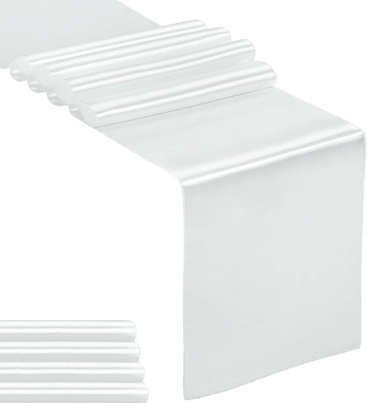 5-Pack Satin Table Runner Silver 12 x 108 inches Long, Table Runners for Wedding, Birthday Parties, Banquets Decorations（5 Pack, 12x108 Inch, Silver）