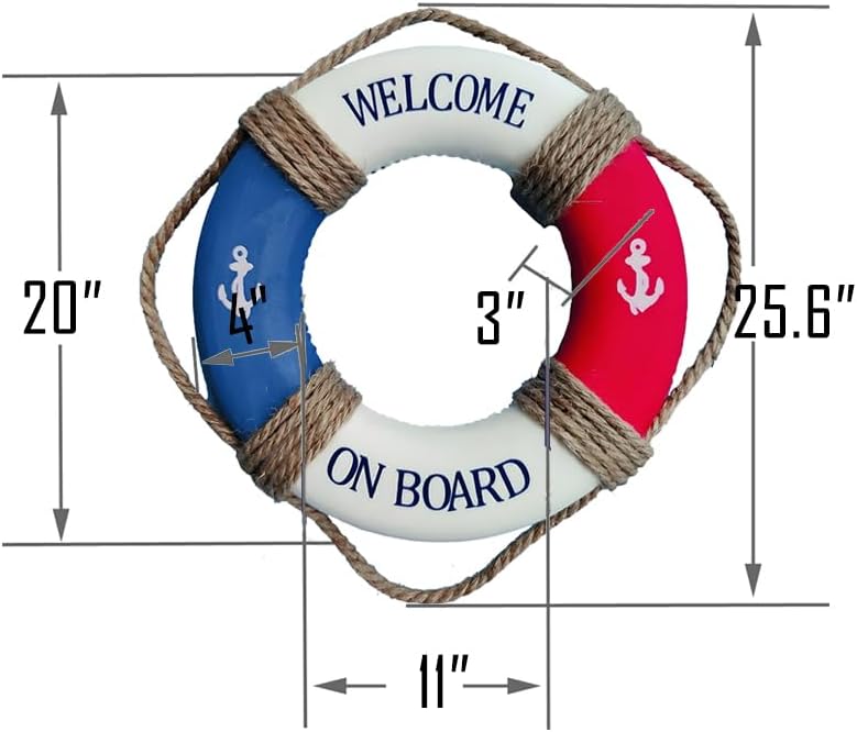MorroMorn Lifebuoy Wall Hanging Decor - Welcome Aboard Mediterranean Style Home Decoration Hemp Rope (Red & Blue, 20")