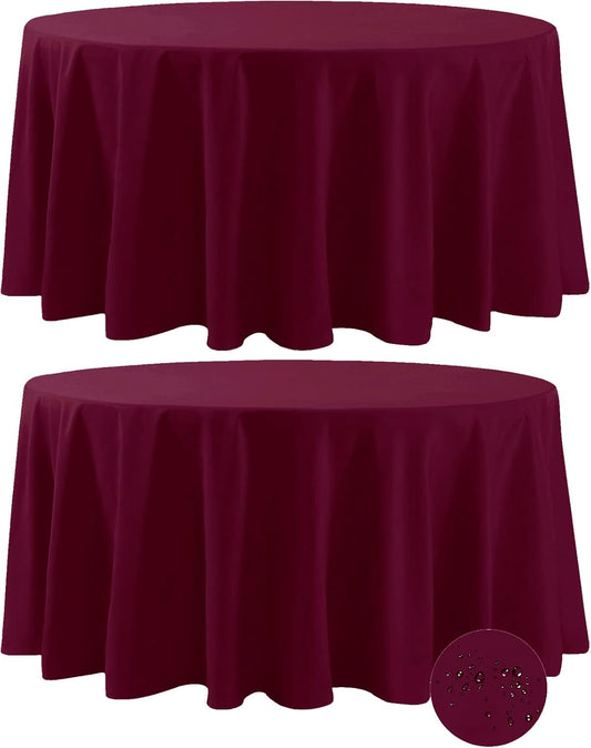 Fokitut 2 Pack Waterproof Round Tablecloth, 108 Inch, Stain Resistant and Wrinkle Polyester Table Cloth, Fabric Table Cover for Kitchen Dining, Wedding, Party, Holiday Dinner-Burgundy