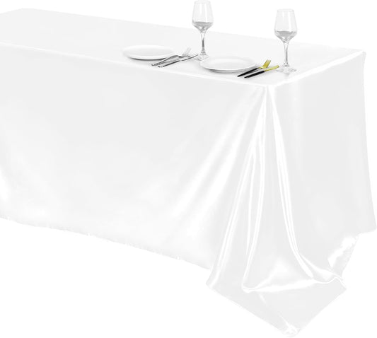 TURSTIN 1 Pack White Satin Tablecloth 102 x 58 Inch Overlay Satin Table Cover Rectangle Bright Silk Tablecloth Smooth Fabric Table Decoration for Wedding Banquet Party Events
