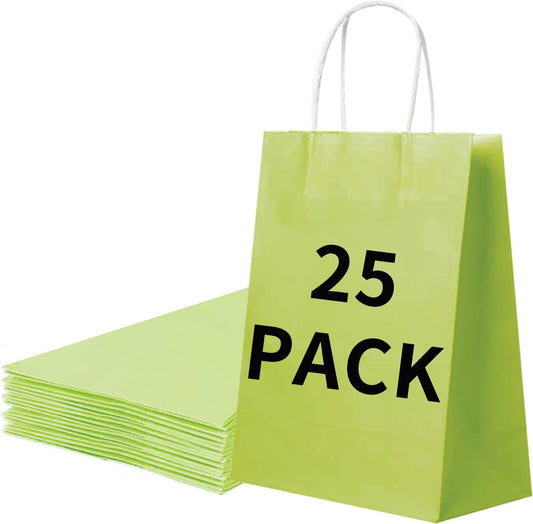 BAG BOX 25 Pack Small 5.9x3.1x8.25 Inch Green Kraft Paper Gift Bags with Handles for Bulk Shopping, Retail, Craft, Party Favors, Wedding, Grocery & Sacks