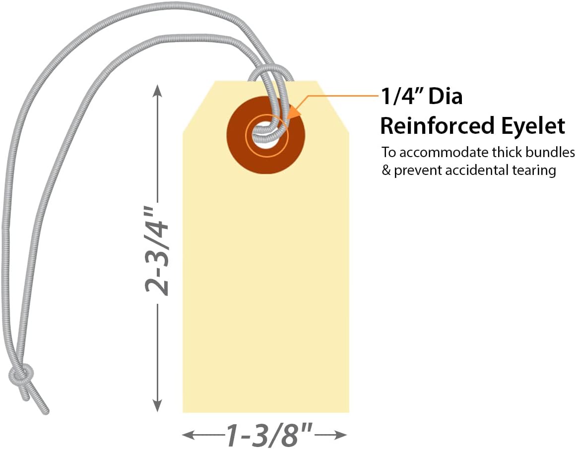 SmartSign Blank Manila Shipping Tags with Elastic Strings - Pack of 250, Size-1, 13pt Thick Pre-Strung Cardstock Tag, 2.75 x 1.375 inch, Paper Hang Tags with Reinforced Fiber Patch