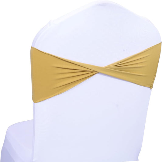 MDS Pack of 250 Spandex Chair Sashes Bows Elastic Stretch Dining Chair Bands Ties Without Slider Buckle Universal fits for Wedding Baby Shower Birthday Party Banquet Event Decoration - Gold