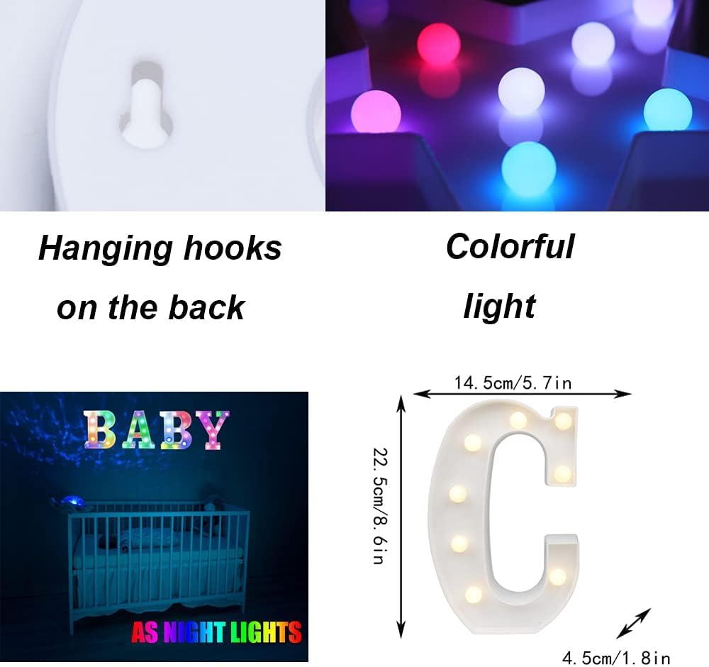 Light Up Colorful LED Marquee Letter lights, 18 Colors Changing Alphabet Letters Sign with Remote Timer for Night Light Girls Bedroom Wedding Birthday Party Lamp Christmas Home Bar Decor- Colorful C