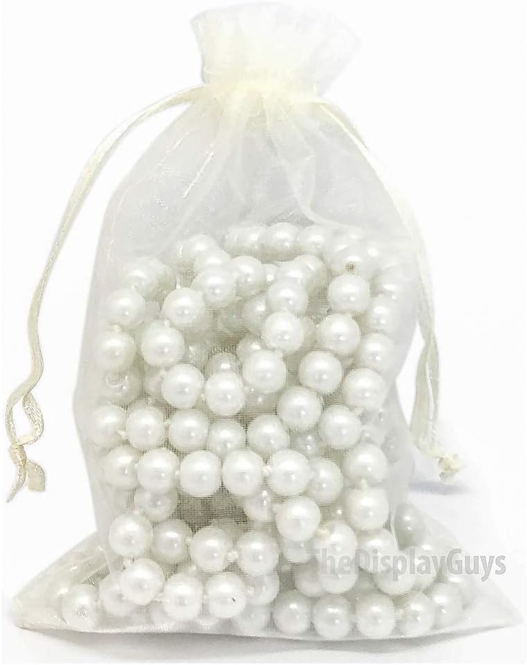 TheDisplayGuys 48-Pack 4x6 Cream/Beige Sheer Organza Gift Bags with Drawstring, Goodie and Treat Bags for Jewelry, Candy, Wedding Favors