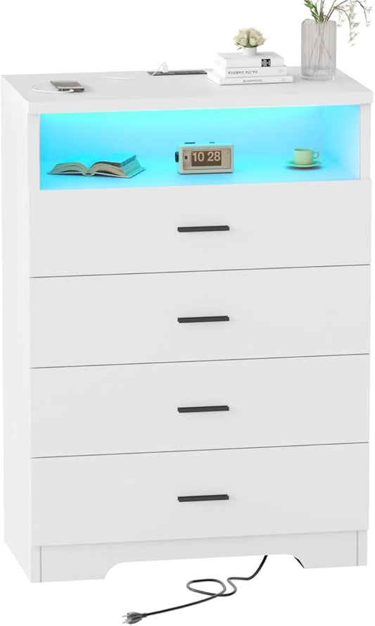 FJTJBSI Dresser with Power Outlets and LED Lights Wooden 4 Drawer Dresser with by FJTJBSI