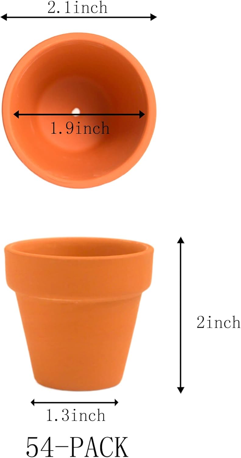 54 Pcs Small Mini Clay Pots 2.1'' Terracotta Pot Clay Ceramic Pottery Planter Cactus Flower Pots Succulent Nursery Pots- Great for Window Boxes, Cactus, Plants, Crafts, Wedding Favors