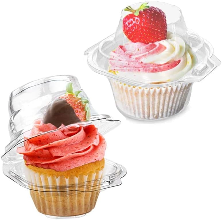 100 Pcs Cupcake Boxes Plastic Individual Cupcake Containers Single Cupcake Carrier with Connected Airtight Dome Lid for Party