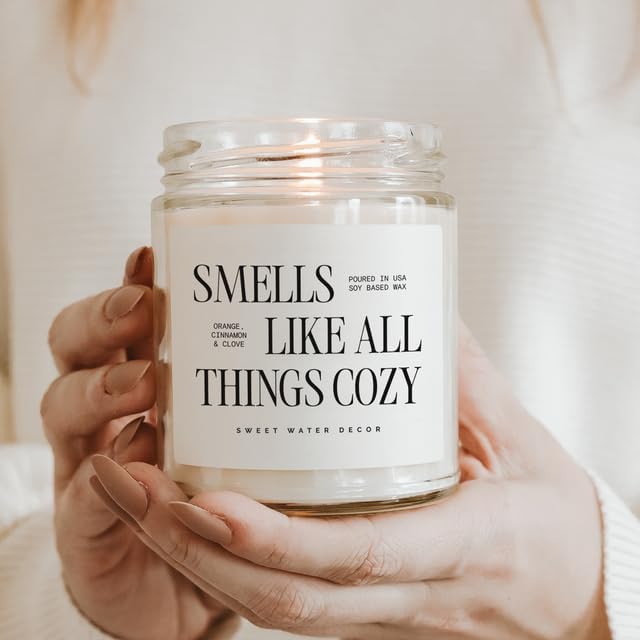 Sweet Water Decor Smells Like All Things Cozy Candle, Orange Cinnamon Ginger Clove Scent, 9oz Soy Candle with Gold Lid, Non-Toxic, Fall & Winter Christmas & Housewarming Gift, 40+ Burn Time