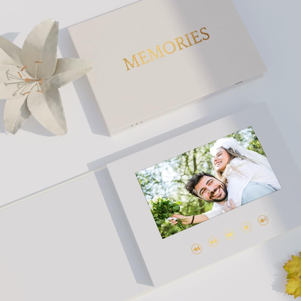 MEMORIES - GOLD FOIL Luxury Linen Bound wedding Video Book wedding Album Up to 3 hours of video, 7” IPS Display, 4GB of memory & Rechargeable Battery (MEMORIES)