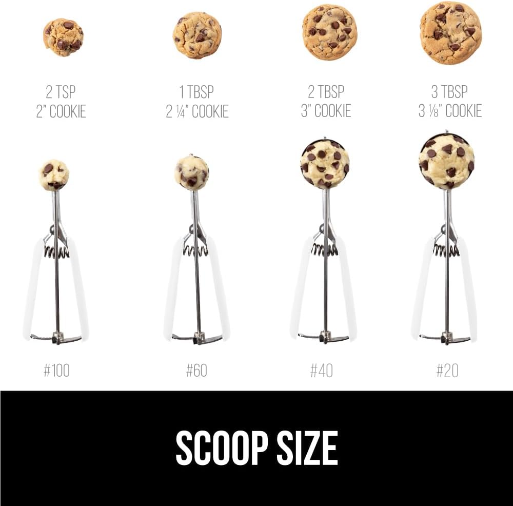 GORILLA GRIP Stainless Steel Multipurpose BPA-Free Spring Scoop, 1 TBSP, Melon Ballers, Cookie Dough Scoops, Perfect Portion Sizes, Easy Squeeze and Clean Release, Scooper Size 60, White
