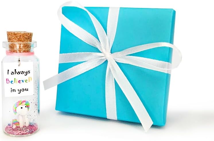 Kseniya Revta Inspirational Message in a Bottle Gift Idea - Classy Gifts for Friends and Family - Unique Boyfriend Girlfriend Presents (White Unicorn - I Always Believed in You, in Teal Gift Box)