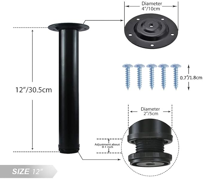 QLLY 12 Inch Adjustable Metal Coffee Table Legs, Heavy Duty Round Furniture Legs - Image 2