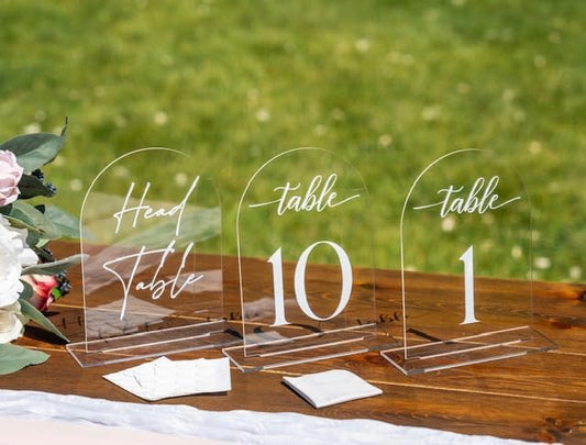Clear Arch Acrylic Table Numbers for Wedding Reception - 5" x 7" White Font Centerpiece Set with Holder Stands & Head Table Sign - Anniversary, Event, Party, Wedding set 1-10