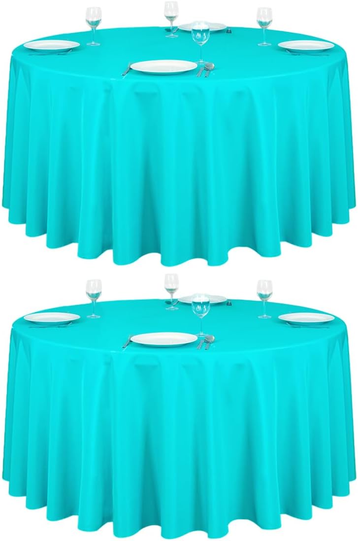 LTC LINENS 2 Pack 120 Inch Round Tablecloth Turquoise - Great for 60 Inch Round Table Floor Length - Washable, Wrinkle Resistant Polyester Fabric Cloth for Parties